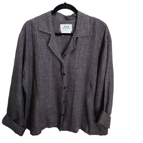 FLAX 100% Linen Jacket Check Plaid Women's Large Shirt Brown Lagenlook Relaxed - Picture 4 of 13
